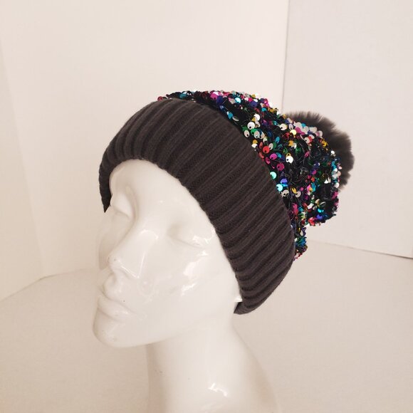 Accessories - Dull Black Colorful Sequin Winter Beanie Bobble Hat